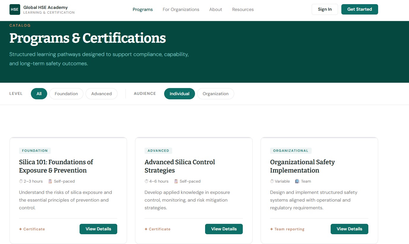 New Global HSE Academy program catalogue screenshot