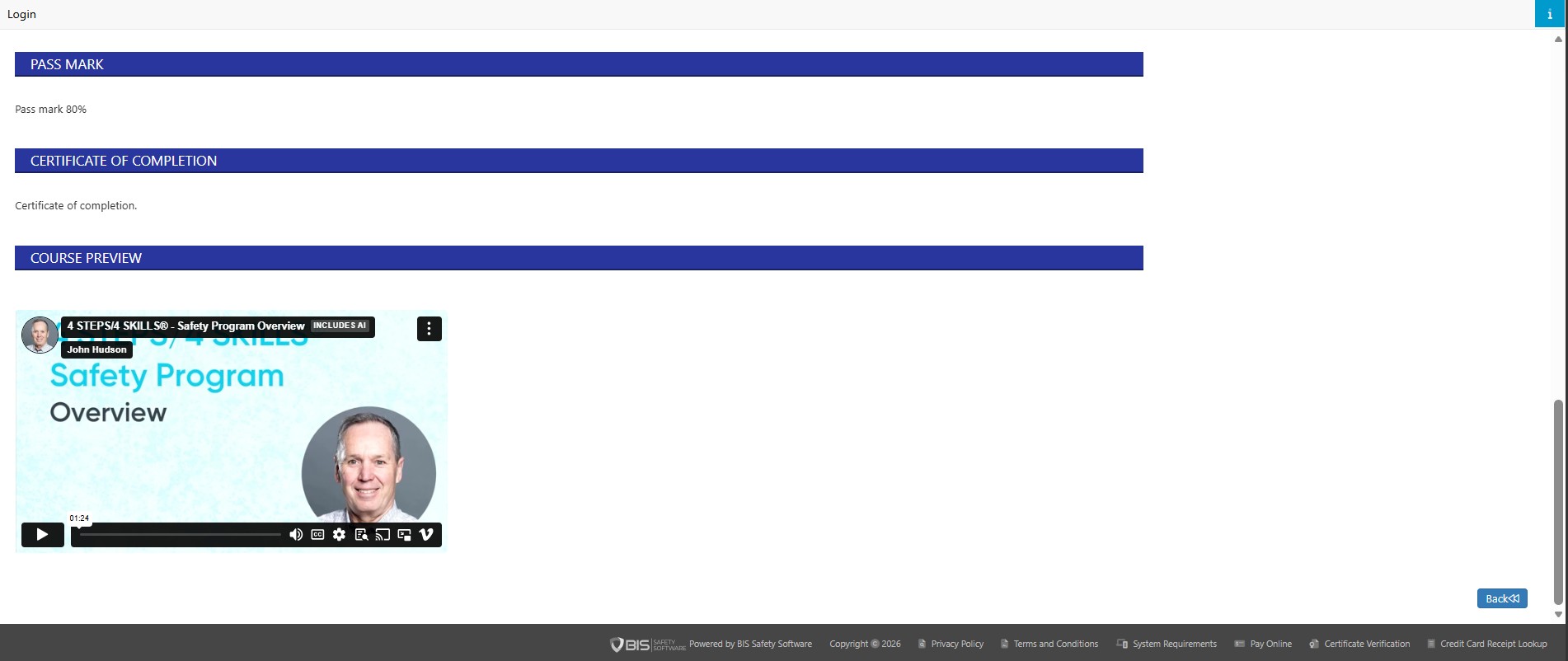 Previous Global HSE Academy LMS certification interface screenshot