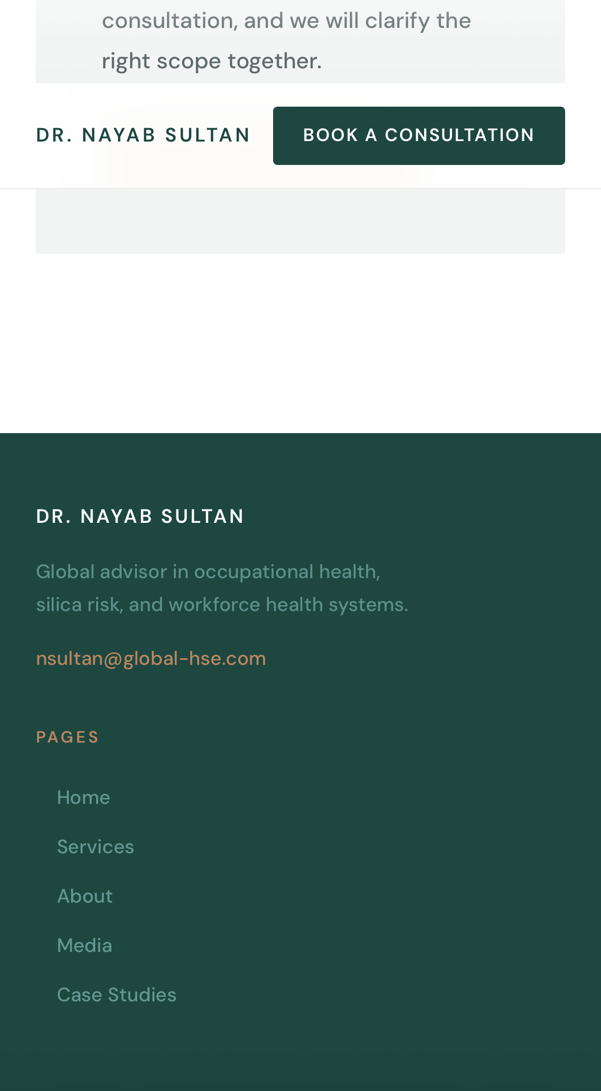 Mobile screenshot of the redesigned Nayab Sultan footer and contact area