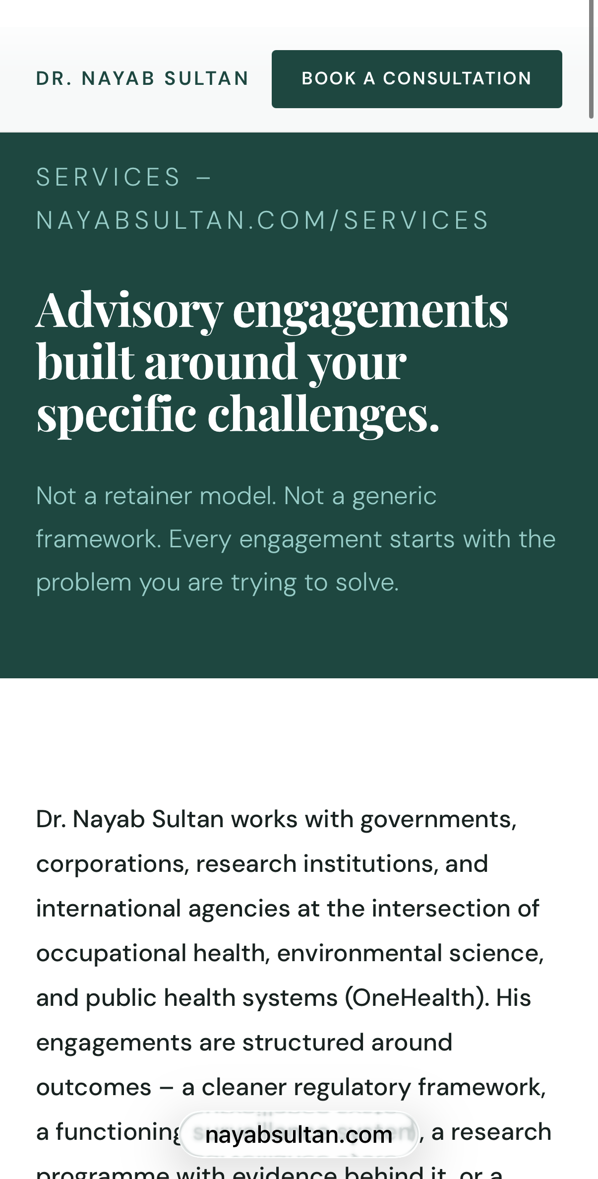 Mobile screenshot of the redesigned Nayab Sultan services page