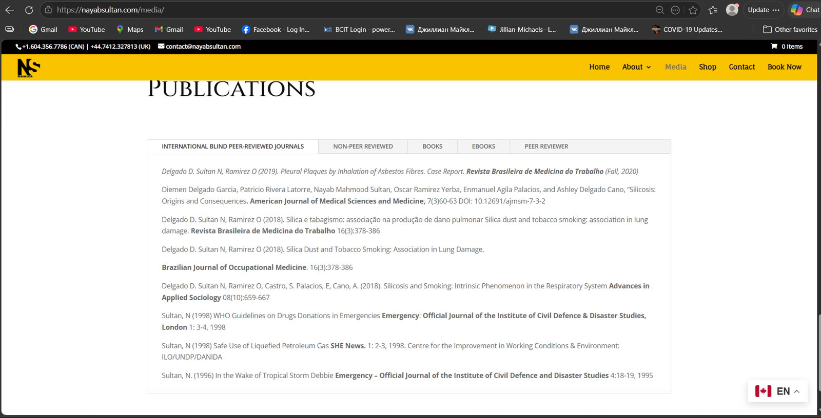 Screenshot of the previous Nayab Sultan publications section